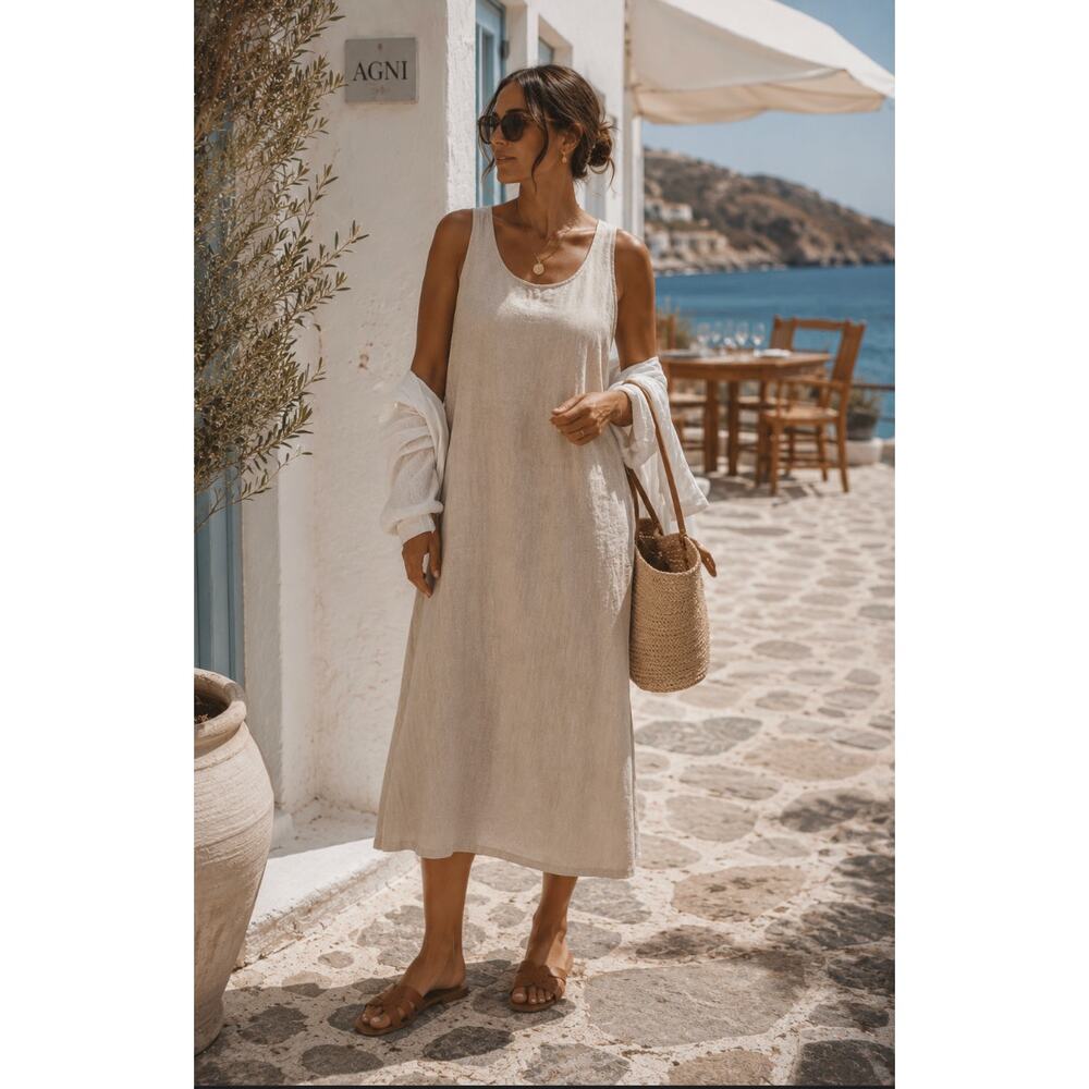 Erika Women's Vintage Nude Colored Maxi Tank Linen Coastal Grandma Cottage Dress